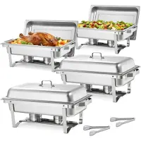 Vevor rechteckiger Chafing Dish Set 8,5 L Speisenwärmer (4 Stk.) Buffet Warmhaltebehälter mit Griff & 2 Lebensmittelzangen & Deckel & Brennstoffhalter, geeignet für Bankett Party Hochzeit Silber