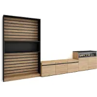 Skraut Home Wohnwand Wohnzimmer, 360x35x186cm, Für TV-Geräte bis zu 65", Elektrokamin, Eiche und Schwarz