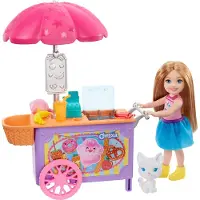 Barbie Chelsea-Spielset mit Puppe und Imbisswagen, 15 cm große Puppe, blond, mit Tier und Zubehörteilen