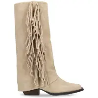 Manfield Beigefarbene Velourslederstiefel mit Fransen | Größe 40