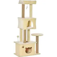 PawHut Großer Kratzbaum für Katzen, 60 x 34 x 136 cm, Kratzbaum mit abnehmbaren Plüsch-Höhlenplattformen, Jutestangen und hängendem Ball, Beige