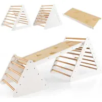 Costway 3 in 1 Kletterdreieck & Leiter & Rutsche, Klettergerüst mit doppelseitigen Rampe, Sprossendreieck zum Klettern und Rutschen, für Kleinkinder ab 3 Jahren (Weiß + Natur)