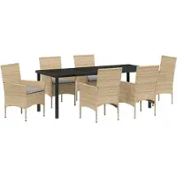 vidaXL Möbel 7-teiliges Garten Essensemble mit Kissen Beige Poly-Rattan, Gartentisch Schwarz 200x80x73 cm Sicherheitsglas - Gartenstühle 3379798