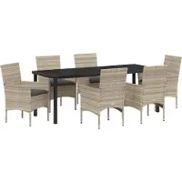 vidaXL Möbel 7-teilige Garten Essgruppe mit Kissen - Hellgraues Poly-Rattan, Gartentisch Schwarz - 200x80x73 cm, Tempered Glass - Gartenstühle 3379812