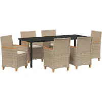vidaXL Möbel 7-teiliges Garten-Esstisch-Set mit Kissen Beige Poly-Rattan - Gartenstühle 3381105