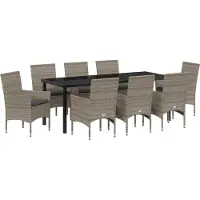 vidaXL Möbel 9-teilige Garten Essgruppe mit Kissen Grau Poly Rattan, Gartentisch Schwarz 200x80x73 cm Tempered Glass - Gartenstühle 3379792