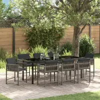 vidaXL Stabli 9-teiliges Garten-Essset mit Kissen in Grau Poly-Rattan - Gartenstühle DE3229443