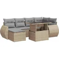 vidaXL 7-tlg. Garten-Sofagarnitur mit Kissen Beige Poly Rattan