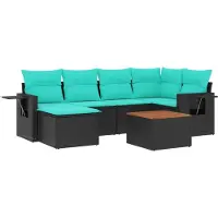 vidaXL 7-teiliges Gartensofa-Set mit Kissen, schwarzes Polyrattan