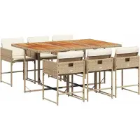 vidaXL 7-tlg. Garten-Essgruppe mit Kissen Beige Poly Rattan