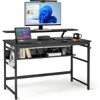 Mondeer Schreibtisch Computertisch mit Monitorständer und 2 Ablagen Eckschreibtisch Bürotisch Arbeitstisch 120 x 90 x 60 cm Schwarz