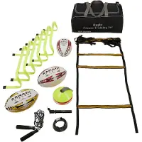 RAM Rugby Rugby Trainingsset mit Gripper Trainingsball Größe 5, Agility Leiter 4m und Hürden 23cm, inkl. Tragetasche
