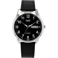 Q&Q Herrenuhr mit Lederband, 5 ATM, Wochentags- & Datumsanzeige, schwarz