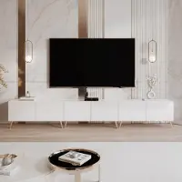 Idohome TV Lowboard Angel 300 cm Weiß Hochglanz–TV-Schrank mit LED-Beleuchtung, Fernsehschrank auf goldfarbenen Metallbeinen,Medienmöbel, Push-to-Open