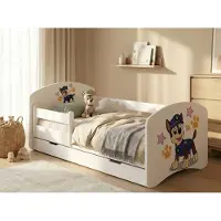 Happy Babies 1x Kinderbett mit Rausfallschutz Junge 140x70 Bett für Kinderzimmer mit Schublade Matratze Einzelbett für Kinder Weiß Hundemotiv