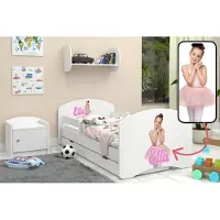 Happy Babies Kinderbett - mit Rausfallschutz Junge 140x70 Bett für Kinderzimmer mit Schublade & Matratze Einzelbett für Kinder Eigene Grafik - Weiss