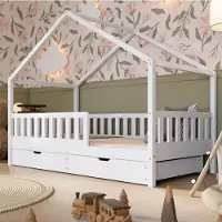 Crazy Pine Hausbett mit Schubladen 80x160 cm – Kinderbett aus Naturholz in Weiß – Bodenbett mit Stauraum und Abnehmbarer Barriere - Crazy House