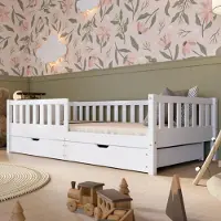 Crazy Pine Kinderbett mit Schublade 190x100cm – Massives Montessori Bodenbett aus Holz in Weiß mit Rausfallschutz – Crazy Basic
