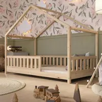 Crazy Pine Hausbett 90x190 cm – Kinderbett aus Naturholz – Bodenbett mit Höhenverstellbaren Beinen und Abnehmbarer Barriere - Crazy House