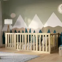 Crazy Pine Kinderbett 140x190 cm – Natürlichem Holz - Montessori Bodenbett mit Hohem Rausfallschutz 73cm und Öffnbarer Barriere - Crazy John