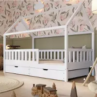Crazy Pine Hausbett mit Schubladen 90x190 cm – Kinderbett aus Naturholz in Weiß – Montessori Bodenbett mit zusätzlichen Stauraum - Crazy Blanco