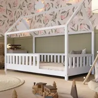 Crazy Pine Hausbett 80x160 cm – Kinderbett aus Naturholz in Weiß – Montessori Bodenbett mit Höhenverstellbaren Beinen - Crazy Blanco
