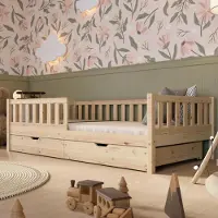 Crazy Pine Kinderbett mit Schublade 190x100cm – Massives Montessori Bodenbett aus Holz mit Rausfallschutz – Crazy Basic