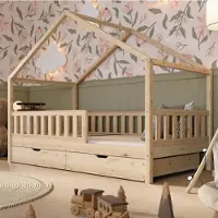 Crazy Pine Hausbett mit Schubladen 100x200 cm – Kinderbett aus Naturholz – Bodenbett mit Stauraum und Abnehmbarer Barriere - Crazy House