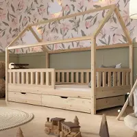 Crazy Pine Hausbett mit Schubladen 90x190 cm – Kinderbett aus Naturholz – Montessori Bodenbett mit zusätzlichen Stauraum - Crazy Blanco