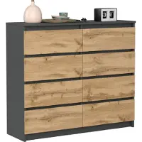 VBChome Kommode mit 8 Schubladen Anthrazit mit Eiche 120 x 39 x 105 cm Grifflose Schubladenkommode Holz Mehrzweckschrank Mehrzweckschrank für Flur