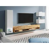 Mirjan 24 Wohnwand Amadeo, Stilvoll Wohnzimmer-Set, TV-Schrank, Mediawand (Weiß / Weiß Hochglanz + Wotan, mit Beleuchtung)