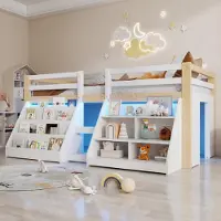 Flieks Kinderbett Hochbett 90x200cm mit 2 Regal, Etagenbett mit Led, Holzbett Einzelbett Stockbett mit Rausfallschutz und Lattenrost, Weiß Holzfarbe