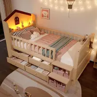 Flieks Kinderbett Hausbett 90x200cm, Etagenbett mit Led und Schubladen, Kinder Hochbett mit Treppe und Lattenrost, Naturbelassen