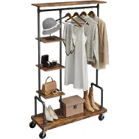 Vasagle Kleiderständer, Kleiderständer mit Rädern, rollbarer Kleiderorganisierer mit 5 Etagen, Industrie-Rohrstil, rustikales Braun