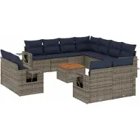 vidaXL 12-teiliges Gartensofa-Set mit Kissen, grau, Polyrattan