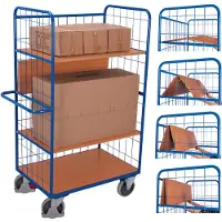 Variofit Etagenwagen, hoch und vergittert mit 4 klappbaren Ladeflächen 1175x800mm Enzianblau RAL 5016