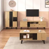 Merax Wohnzimmermöbel Set 3-teilig, TV-Schrank, Couchtisch und Sideboard, Wohnwand mit LED, Stauraum, modern elegant Wohnzimmer-Set, Holz & Schwarz