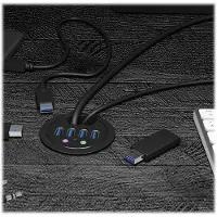 Icy Box IB-HUB1403A, 4 Port USB 3.2 Gen 1 Type-A Tisch-Hub mit Audio Ein-/Ausgang, Schwarz, Kunststoff, Leistung, 69 mm, 69 mm, 70 mm