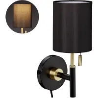 Relaxdays Wandleuchte, runder Stoffschirm, Zugschalter, Kabel mit Stecker, Wandlampe HBT: 32 x 13 x 18 cm, schwarz-gold