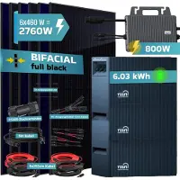 SUNNIVA 2760W Balkonkraftwerk mit 6,03 kWh Speicher TSUN SOLARCANTSOL-DCU2000Lite, 6x 500W BIFAZIAL FULLBLACK komplett Steckdose, Solarspeicher