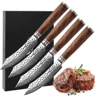 Wakoli Nussbaum 4er Damast Steakmesser-Set I 12,5 cm Klingen I Nussbaumgriffe