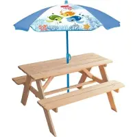 Fun House Picknicktisch mit Sonnenschirm, Holz, 53x95x100 cm, Schildkröten Design Sonnenschirm 125x100 cm