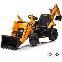 Vrooomy JCB Elektrotraktor 12V mit Frontlader & Bagger (2–6 Jahre) – Offiziell Lizenziert, mit Fernbedienung, 3-Punkt-Gurt & Li-Ion Akku – Kinder Elektrofahrzeug – Gelb