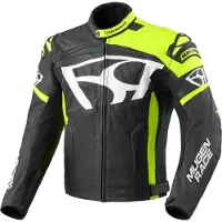 MUGENRACE Aggressore Schwarz Weiß Fluogelb Lederjacke Größe 48