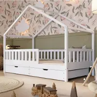 Crazy Pine Hausbett mit Schubladen 190x100 cm – Kinderbett aus Naturholz in Weiß – Bodenbett mit Stauraum und Abnehmbarer Barriere - Crazy House
