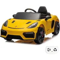 Vrooomy Porsche 718 Spyder RS Kinder Elektroauto 12V (1–5 Jahre) – Offiziell Lizenziert, mit Fernbedienung, Bluetooth & LED – Kinder Elektrofahrzeug – Gelb