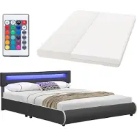Juskys Polsterbett Sevilla 180 x 200 cm mit Matratze, Lattenrost, LED Beleuchtung & Kopfteil - Kunstleder & Holz - Bett Bettgestell Doppelbett grau