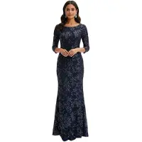 O46BPX (MB1) romantisches Damen Abend-Kleid Pailletten-Kleid mit Ornamenten 939101 Dunkelblau