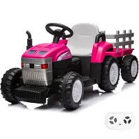 Vrooomy Kinder Elektro-Traktor 12V mit Anhänger (2–5 Jahre) – mit Fernbedienung, EVA-Reifen & 2 Motoren – Kinder Traktor Elektrofahrzeug – Rosa