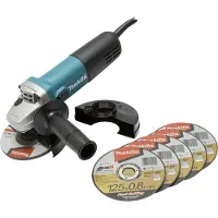 Makita Elektro-Winkelschleifer 840W 125mm mit Schruppscheibe und 5 Trennscheiben